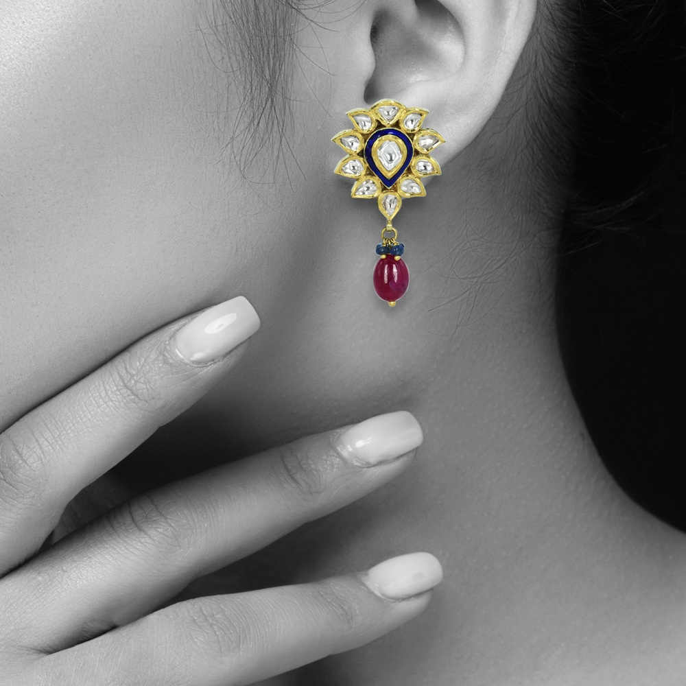Floral Polki Earrings with Blue Meenakari and Ruby Drops